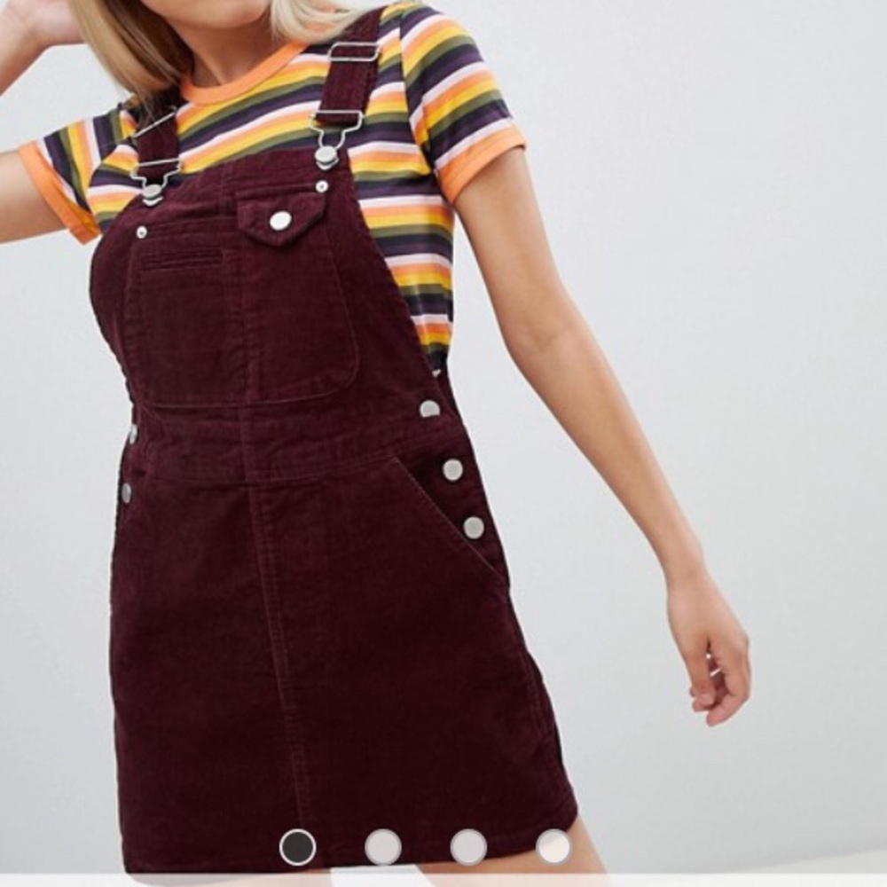 ASOS DESIGN Petite cord overall dress in oxblood